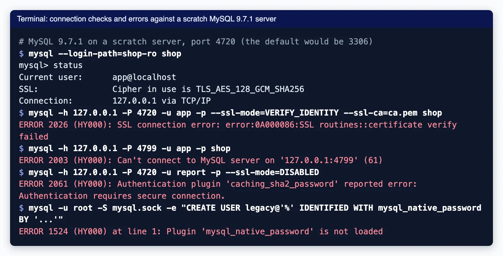 Terminal output from a test MySQL 9.7.1 server showing a TLS status check followed by errors 2026, 2003, 2061 and 1524 with the commands that caused them