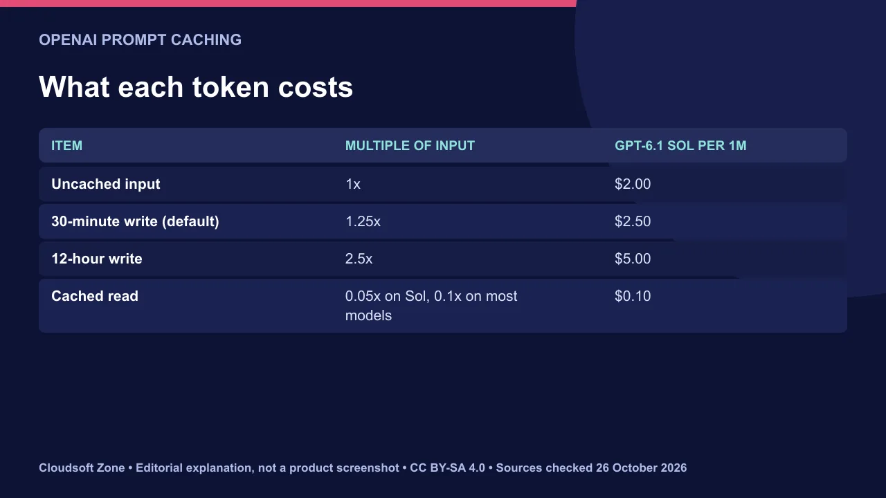 12-hour prompt caching prices for GPT-6.1 Sol: uncached input, 30-minute write, 12-hour write and cached read per million tokens.