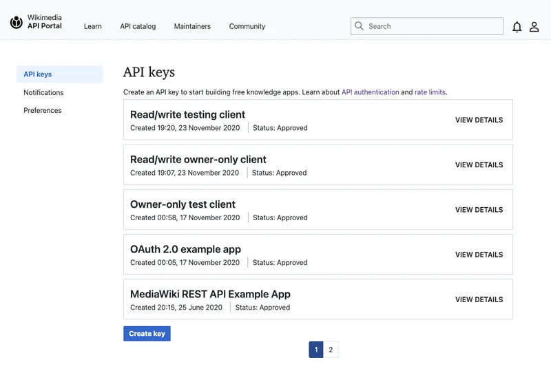 API key management page listing several client keys with their status.