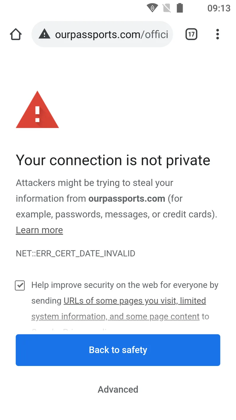 Mobile browser warning that reads Your connection is not private.