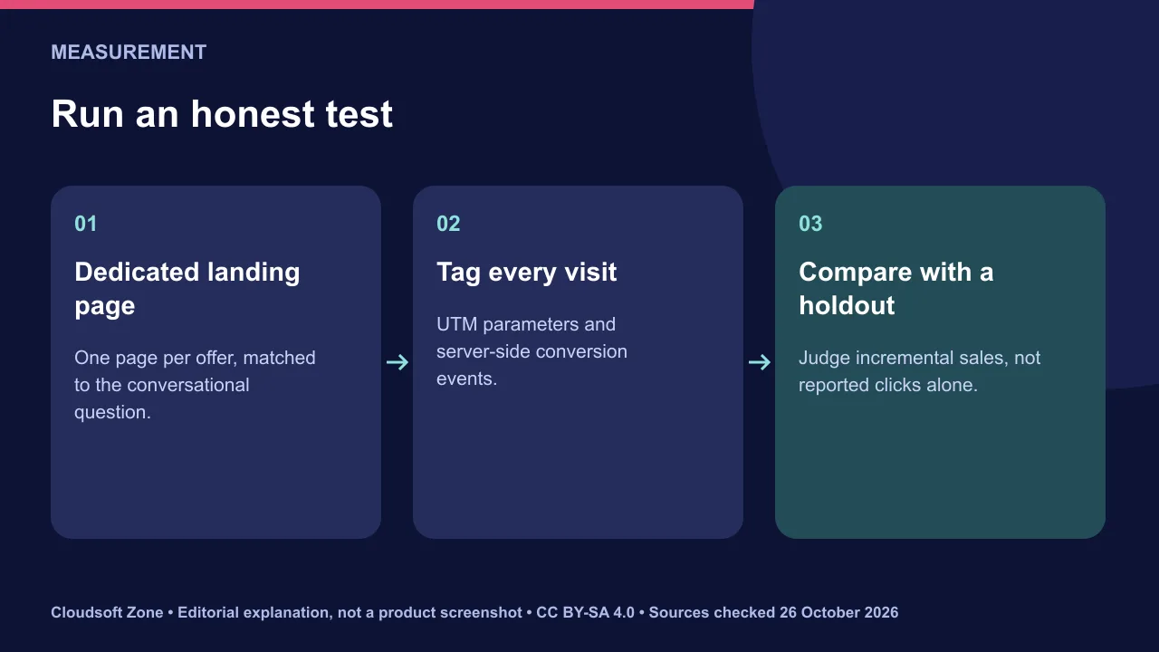 Measuring a ChatGPT Ads test: dedicated landing page, tagged traffic, then incremental conversions compared with a holdout.