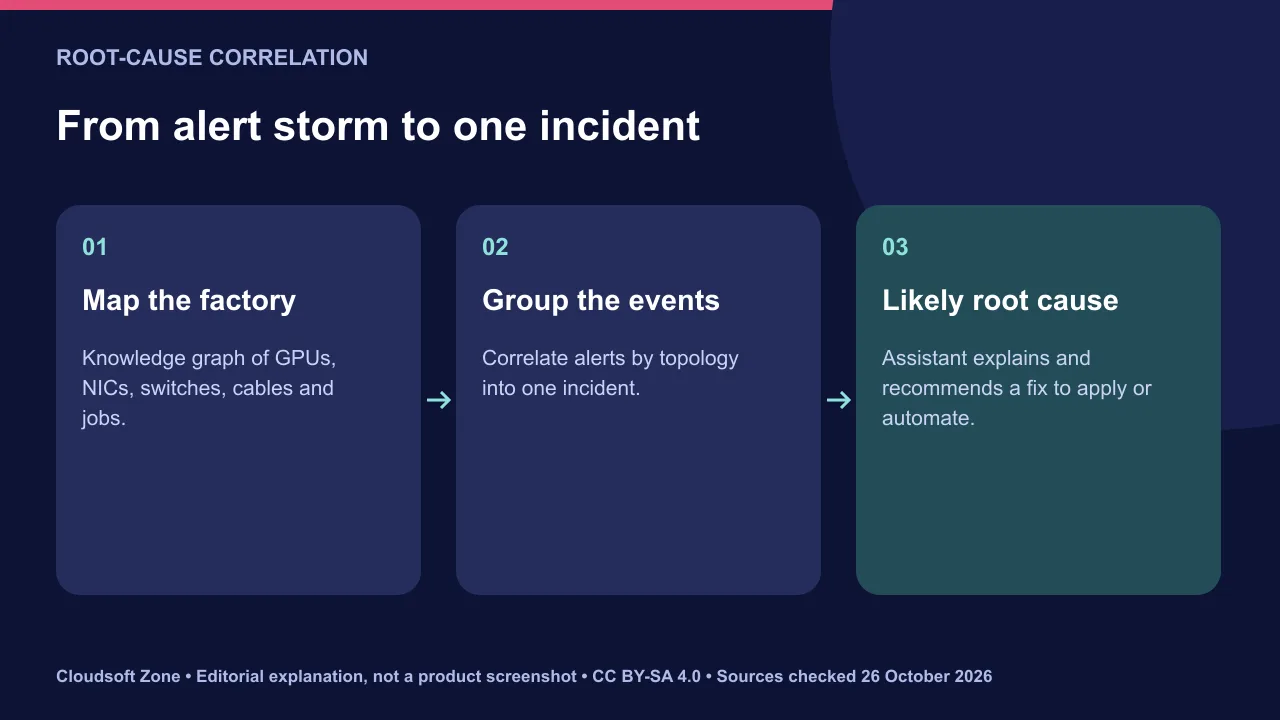 From alert storm to root cause: Minerva maps infrastructure in a knowledge graph, groups correlated events, and suggests a likely root cause.
