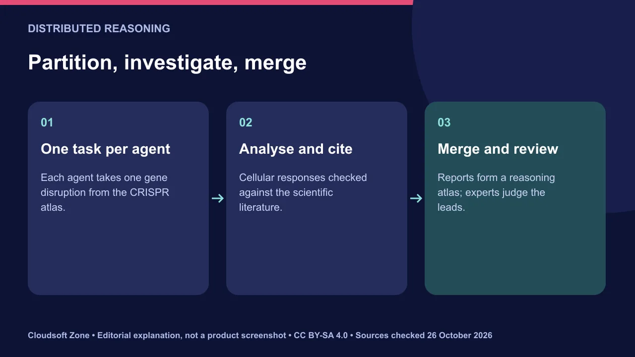 Distributed biological reasoning with thousands of AI agents: one gene disruption per agent, literature search, then reports merged into a reasoning atlas.
